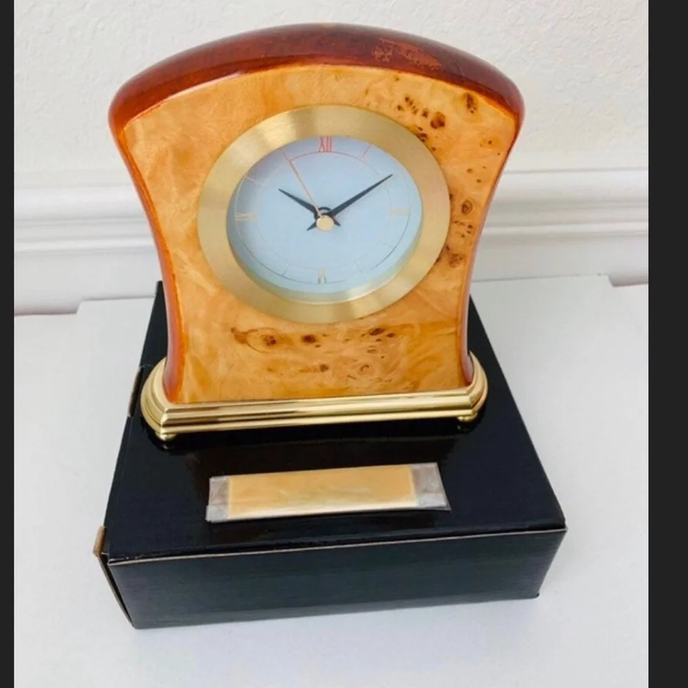 Desktop Clock Burl-Wood And Brass New In Box